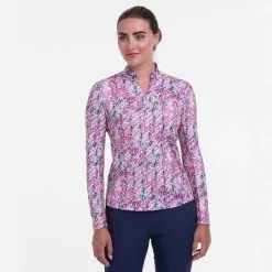 EP NEW YORK EPNY Ladies Long Sleeve Broken Geometric Zip Mock Inky Multi