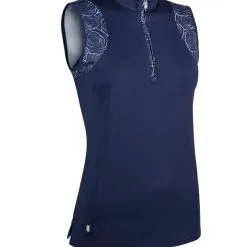 Glenmuir Ladies Stand Up Collar Sleeveless Rose Patterned Performance Golf Polo