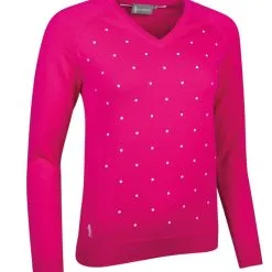 Glenmuir Ladies V Neck Embroidered Polka Dot Cotton Golf Sweater Milly