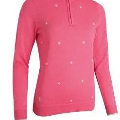 Glenmuir Ladies Zip Neck Embroidered Flower Cotton Golf Sweater Sorbet/White