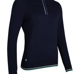 Glenmuir Ladies Zip Neck Rib Detail Cotton Golf Sweater Navy/White/Spring Green