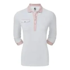 Footjoy Ladies 3/4 Sleeve Pique Print Golf Polo Shirt - White/Pink